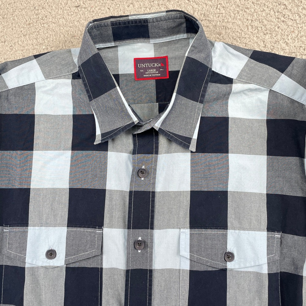 UNTUCKit Button Down Mens Large Blue Grey Buffalo Check Roll Tab Sleeve Shirt